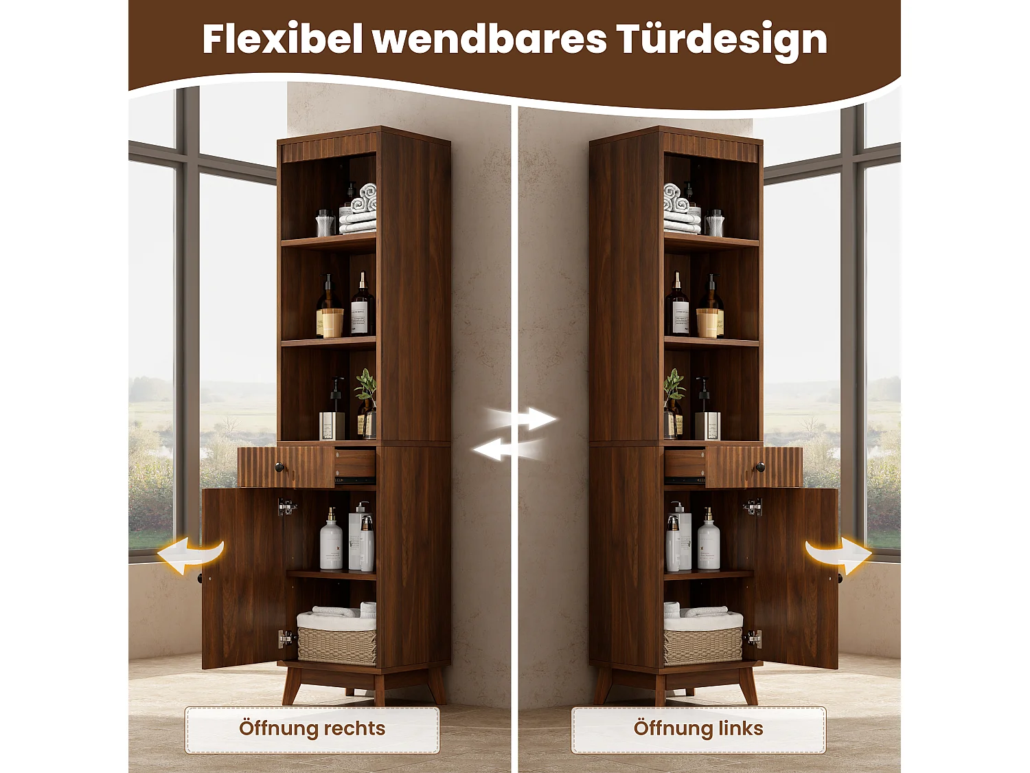 Columna de baño de 172 cm de altura - Armario alto de almacenamiento con puertas ranuradas reversibles y cajón - Marrón