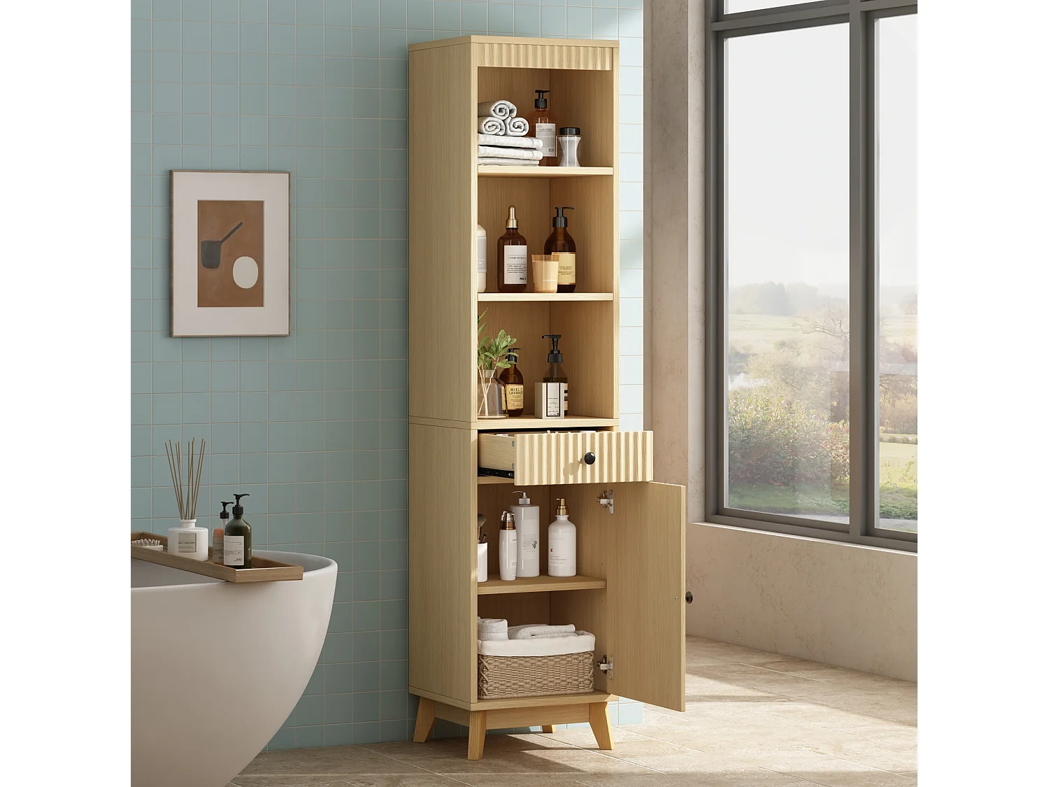 Columna de baño de 172 cm de altura - Armario alto de almacenamiento con puertas ranuradas reversibles y cajón - Natural