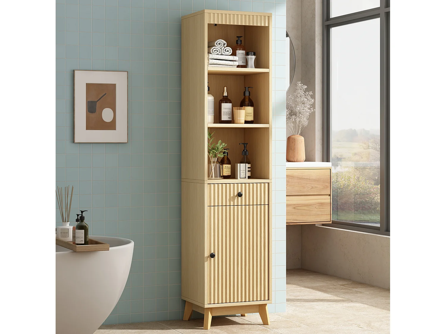 Columna de baño de 172 cm de altura - Armario alto de almacenamiento con puertas ranuradas reversibles y cajón - Natural