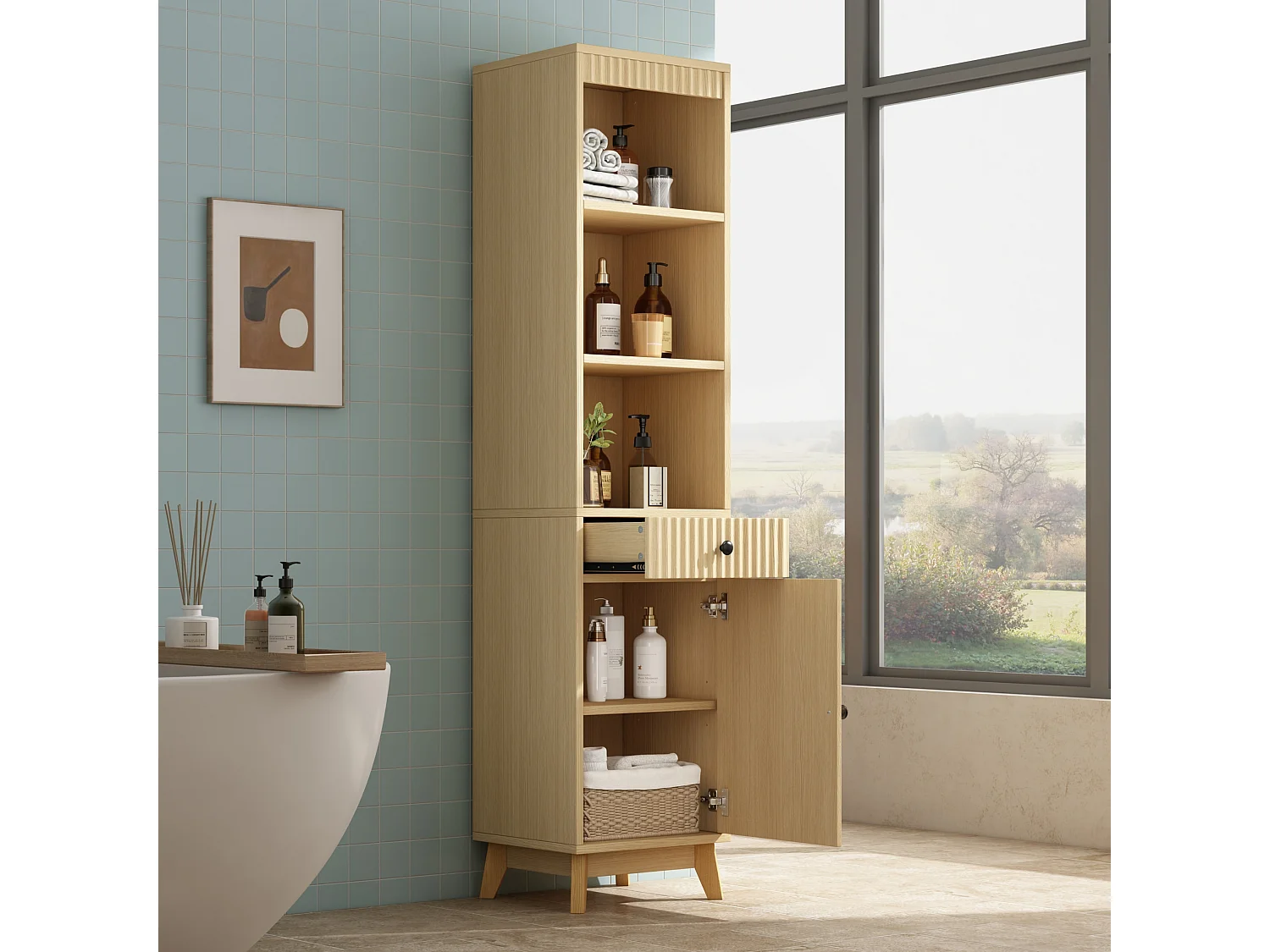 Columna de baño de 172 cm de altura - Armario alto de almacenamiento con puertas ranuradas reversibles y cajón - Natural