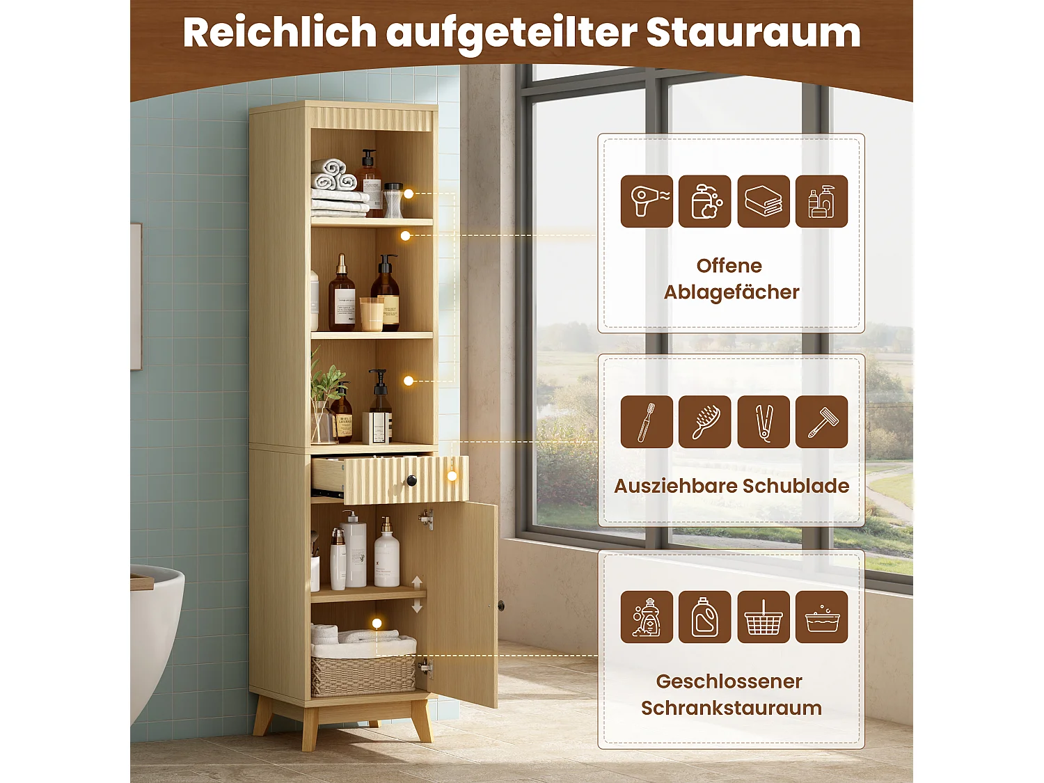 Columna de baño de 172 cm de altura - Armario alto de almacenamiento con puertas ranuradas reversibles y cajón - Natural