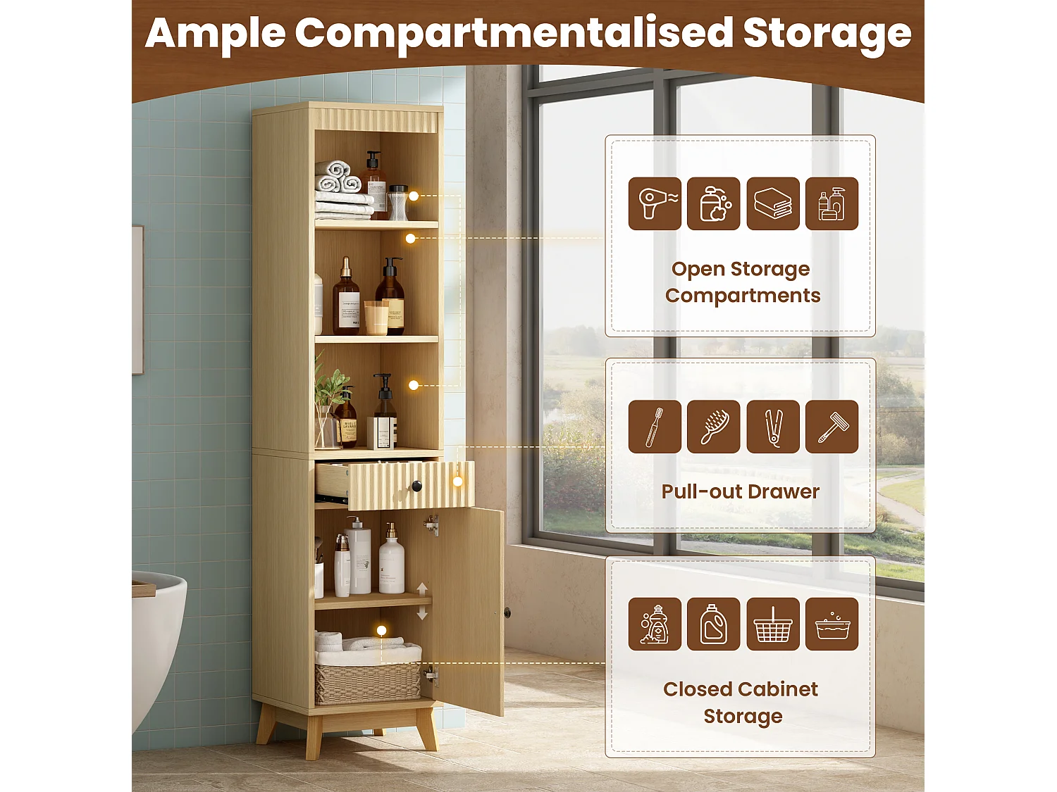Columna de baño de 172 cm de altura - Armario alto de almacenamiento con puertas ranuradas reversibles y cajón - Natural
