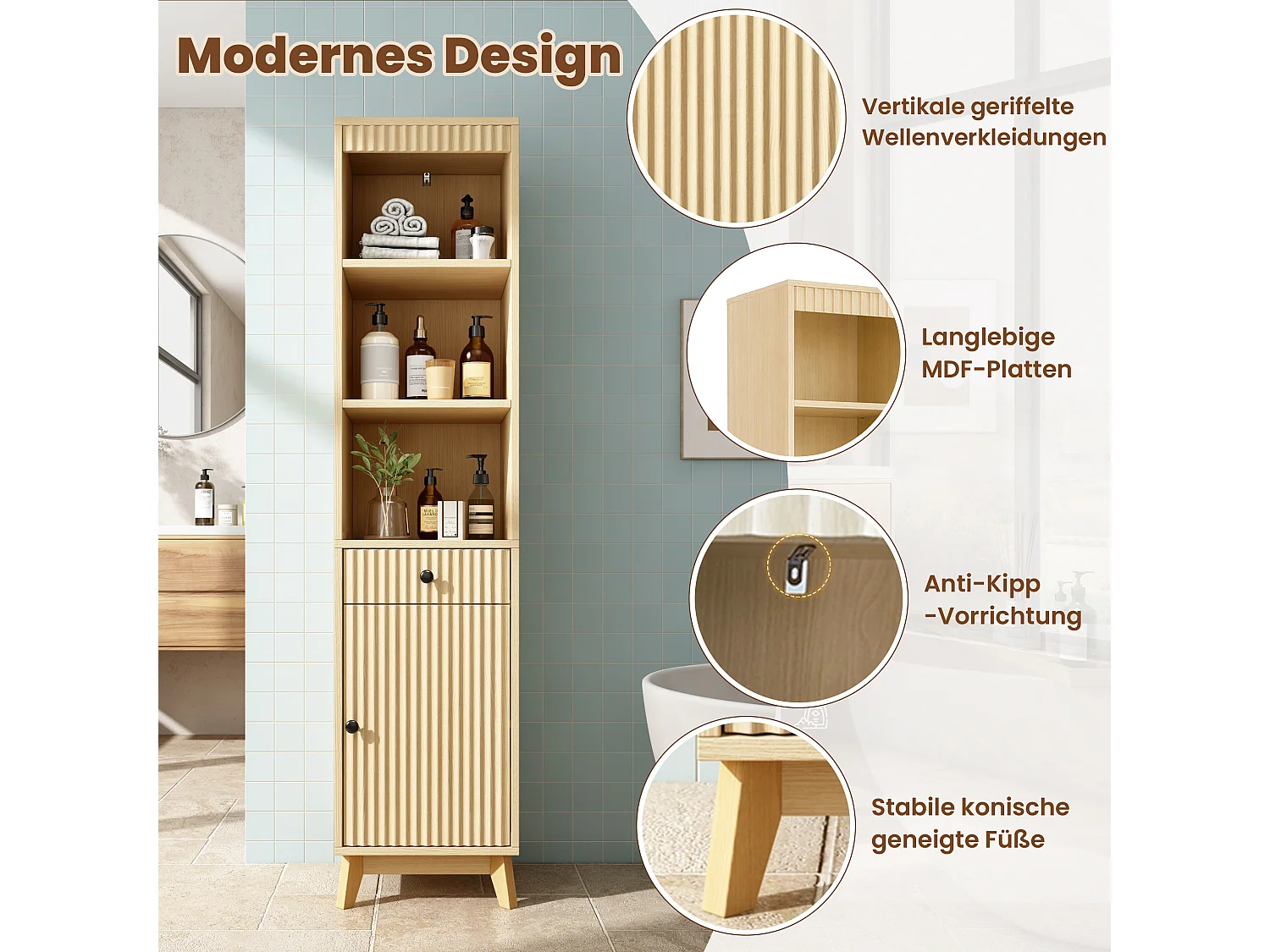 Columna de baño de 172 cm de altura - Armario alto de almacenamiento con puertas ranuradas reversibles y cajón - Natural
