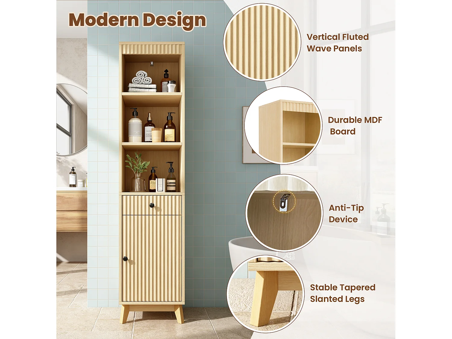 Columna de baño de 172 cm de altura - Armario alto de almacenamiento con puertas ranuradas reversibles y cajón - Natural