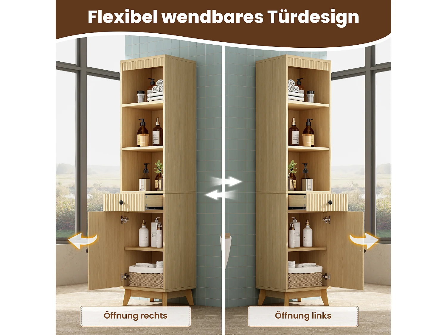 Columna de baño de 172 cm de altura - Armario alto de almacenamiento con puertas ranuradas reversibles y cajón - Natural