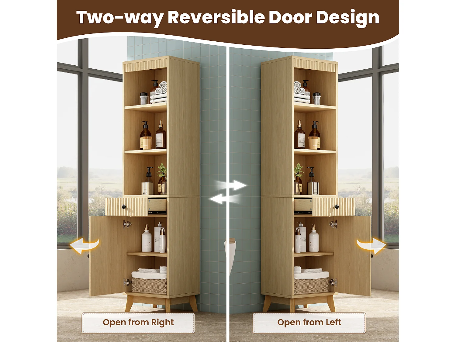 Columna de baño de 172 cm de altura - Armario alto de almacenamiento con puertas ranuradas reversibles y cajón - Natural