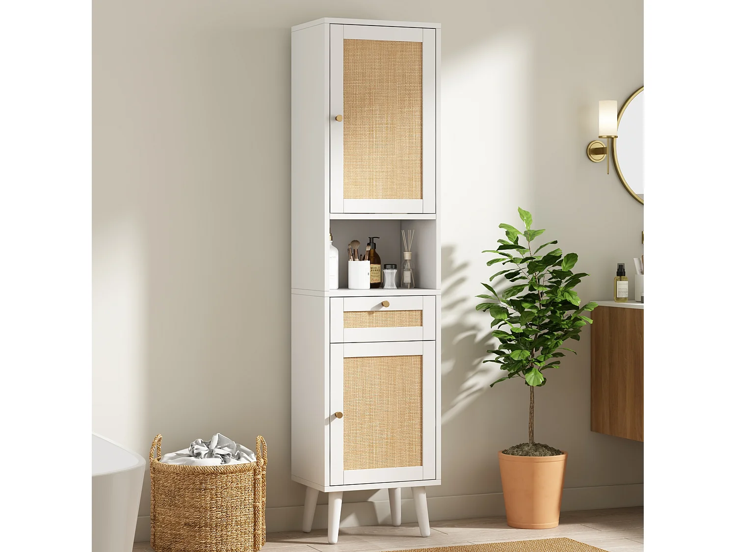 Colonna bagno alta 166 cm - Mobile alto contenitore con ante in rattan reversibili e cassetto - Stile naturale - Bianco