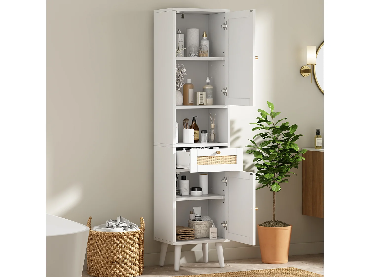 Colonna bagno alta 166 cm - Mobile alto contenitore con ante in rattan reversibili e cassetto - Stile naturale - Bianco