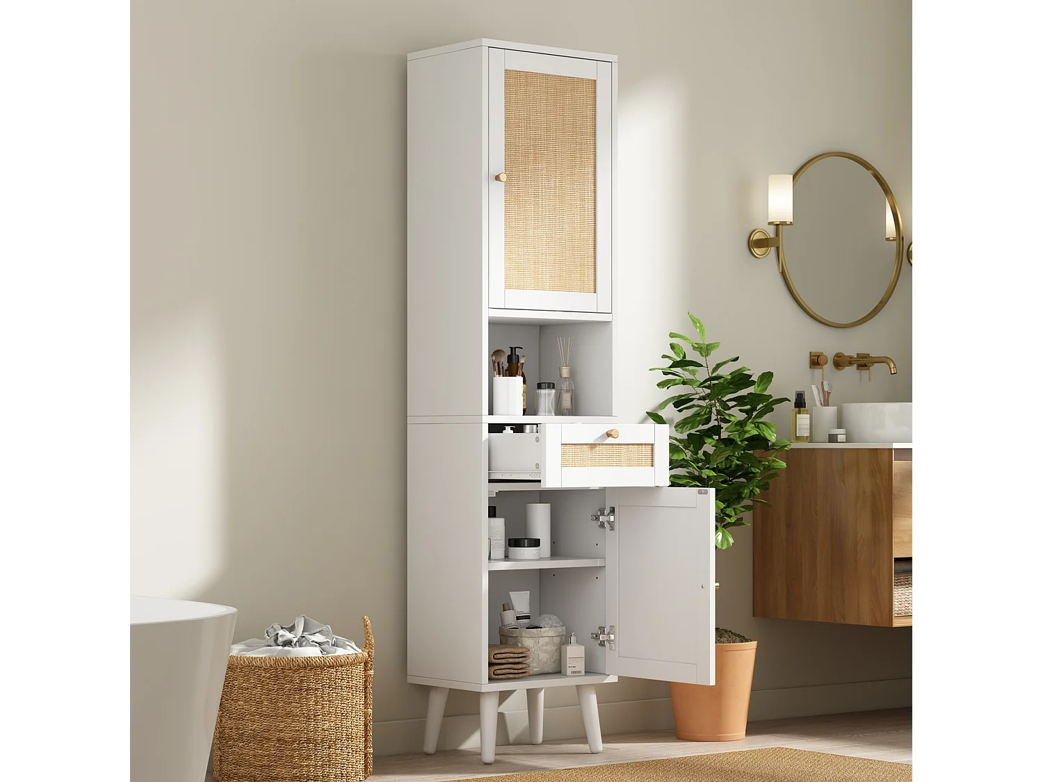 Colonna bagno alta 166 cm - Mobile alto contenitore con ante in rattan reversibili e cassetto - Stile naturale - Bianco