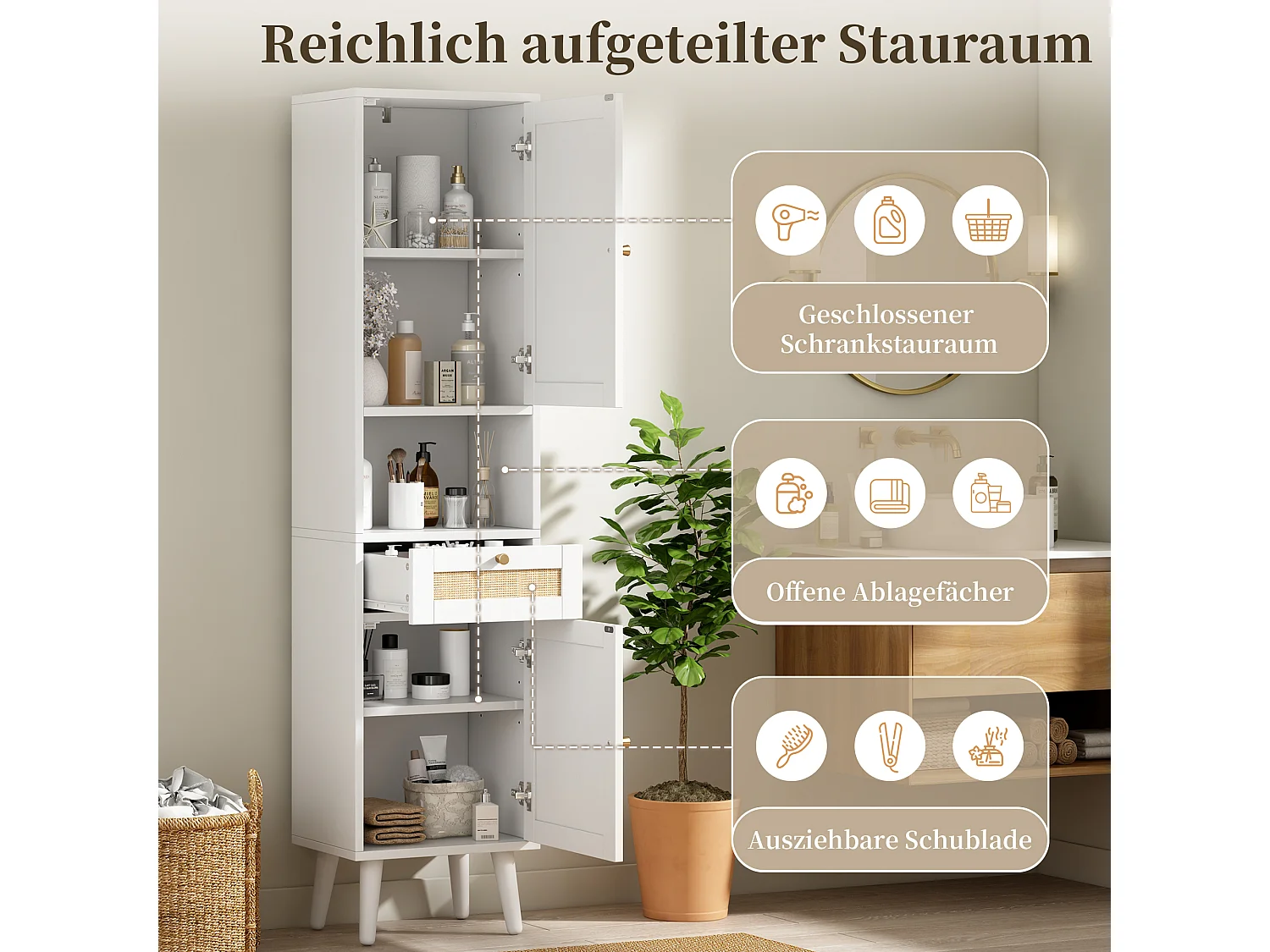 Colonna bagno alta 166 cm - Mobile alto contenitore con ante in rattan reversibili e cassetto - Stile naturale - Bianco