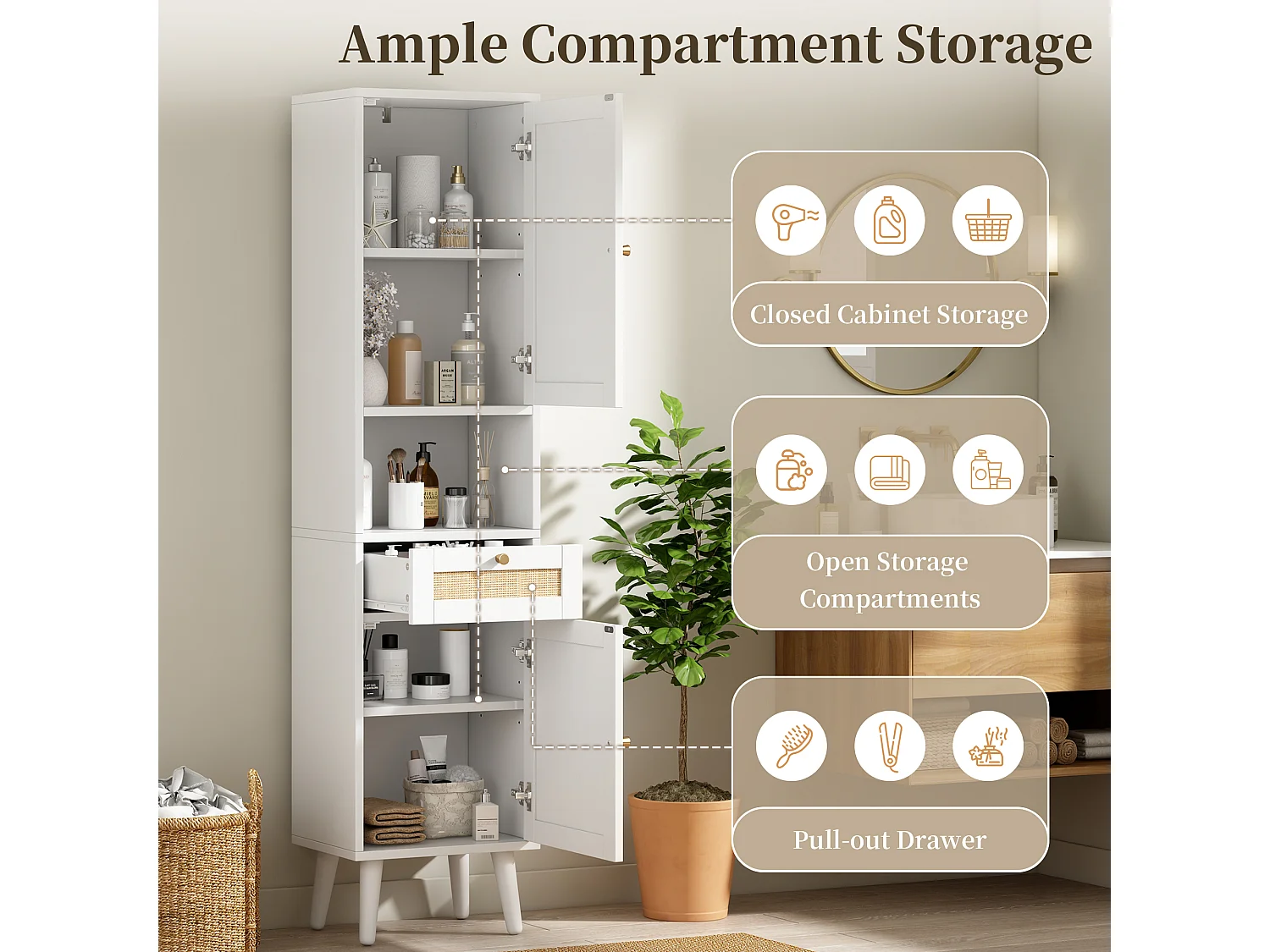 Colonna bagno alta 166 cm - Mobile alto contenitore con ante in rattan reversibili e cassetto - Stile naturale - Bianco