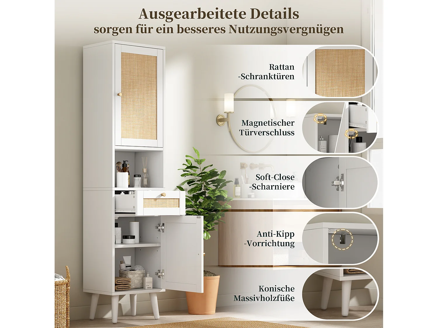 Colonna bagno alta 166 cm - Mobile alto contenitore con ante in rattan reversibili e cassetto - Stile naturale - Bianco