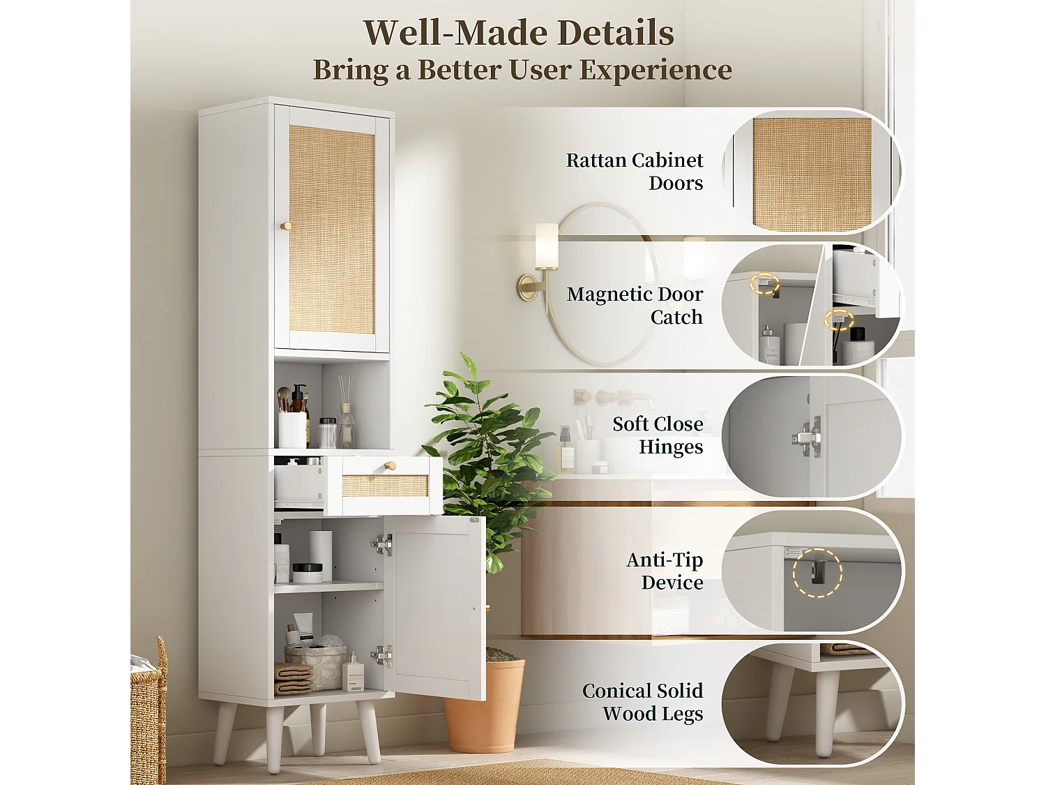 Colonna bagno alta 166 cm - Mobile alto contenitore con ante in rattan reversibili e cassetto - Stile naturale - Bianco