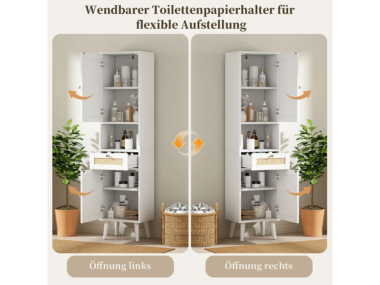 Colonna bagno alta 166 cm - Mobile alto contenitore con ante in rattan reversibili e cassetto - Stile naturale - Bianco