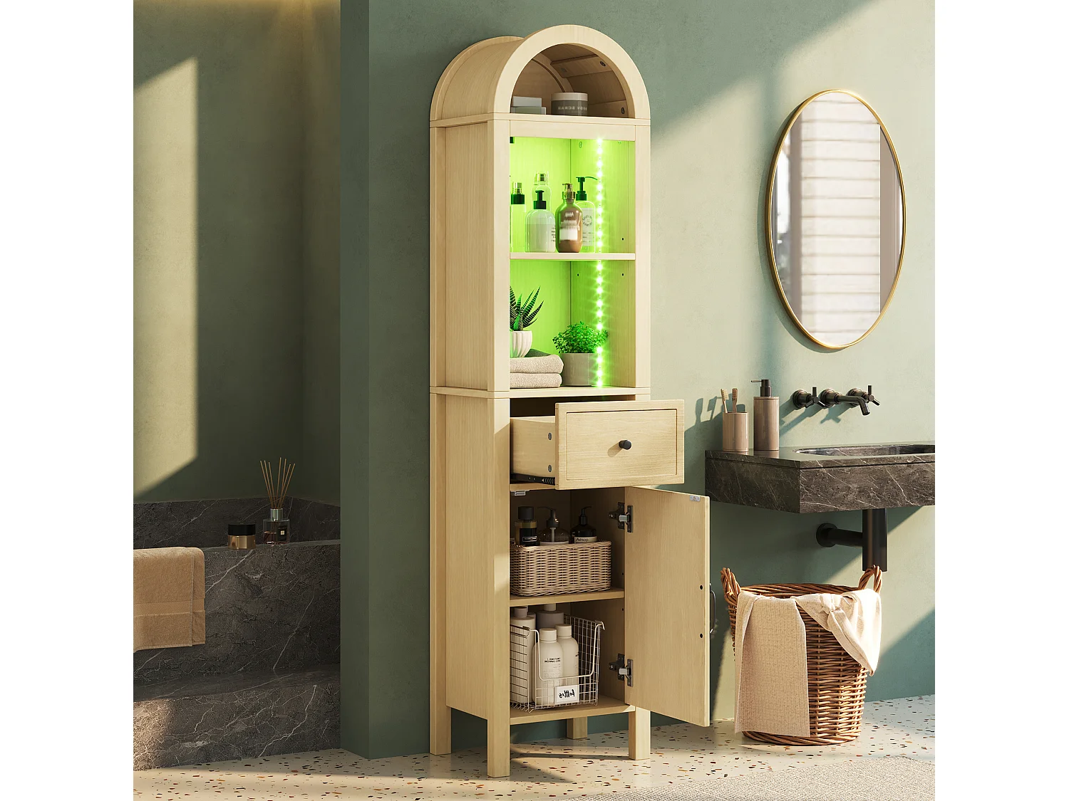 Columna de baño de 163 cm de altura - Armario alto con arco LED, puertas ranuradas reversibles y cajón - Natural