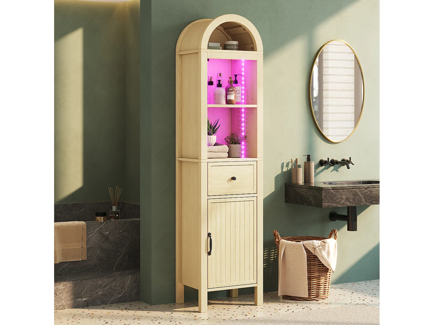 Columna de baño de 163 cm de altura - Armario alto con arco LED, puertas ranuradas reversibles y cajón - Natural