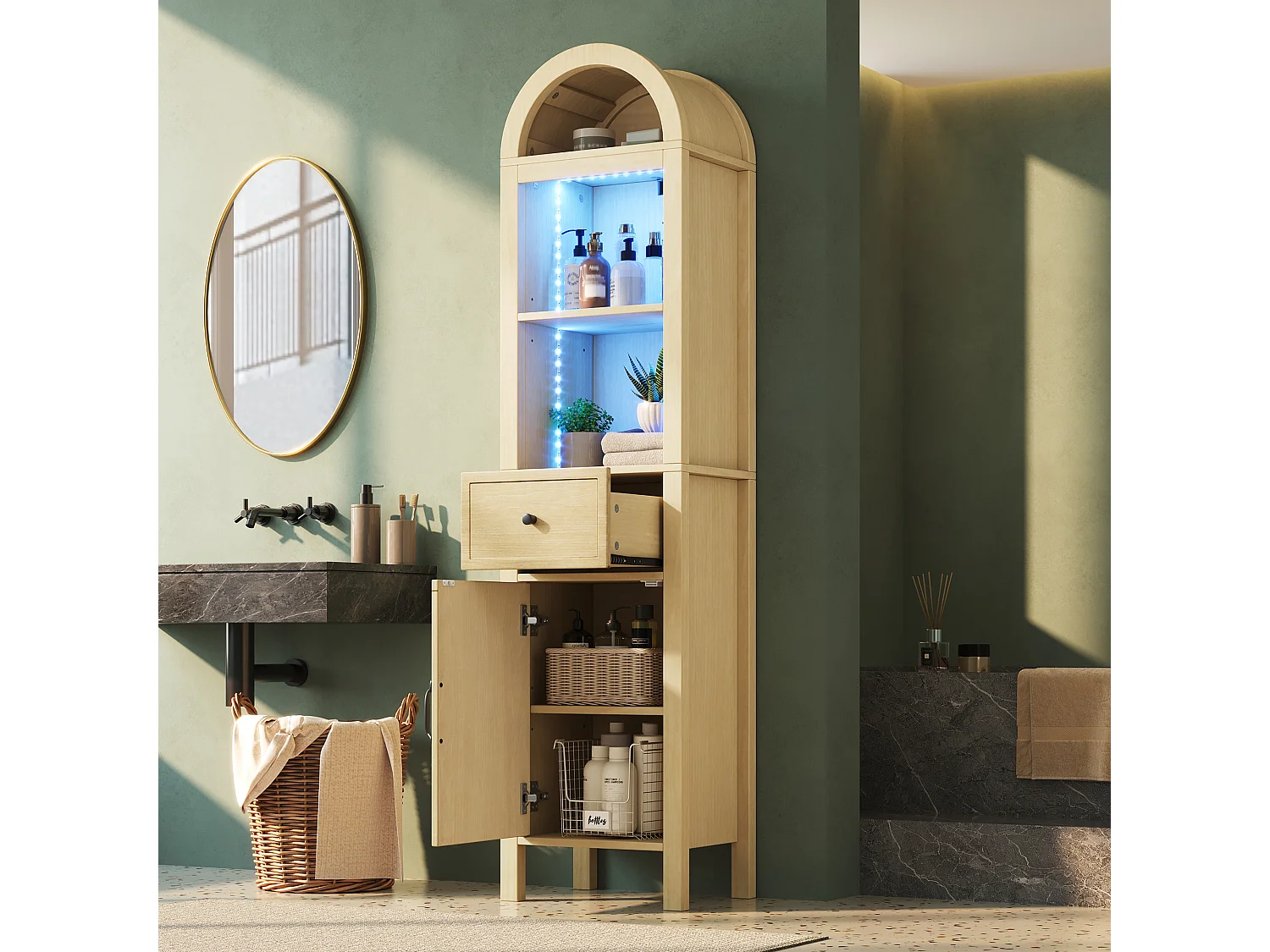 Columna de baño de 163 cm de altura - Armario alto con arco LED, puertas ranuradas reversibles y cajón - Natural