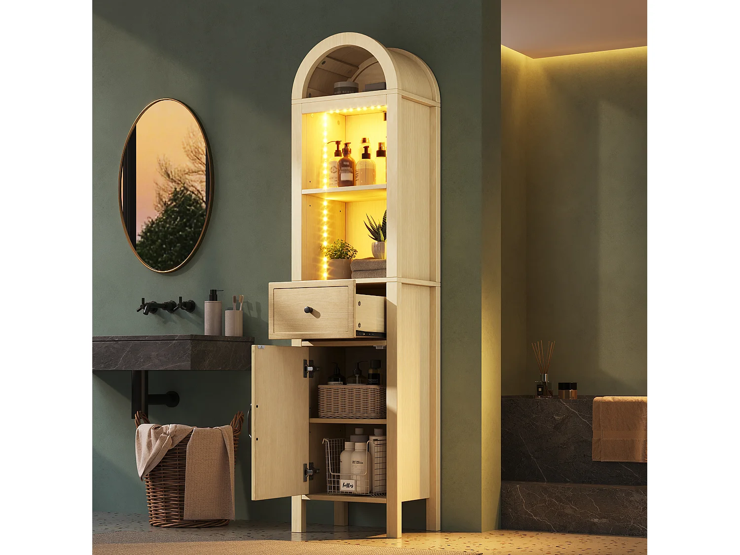 Columna de baño de 163 cm de altura - Armario alto con arco LED, puertas ranuradas reversibles y cajón - Natural