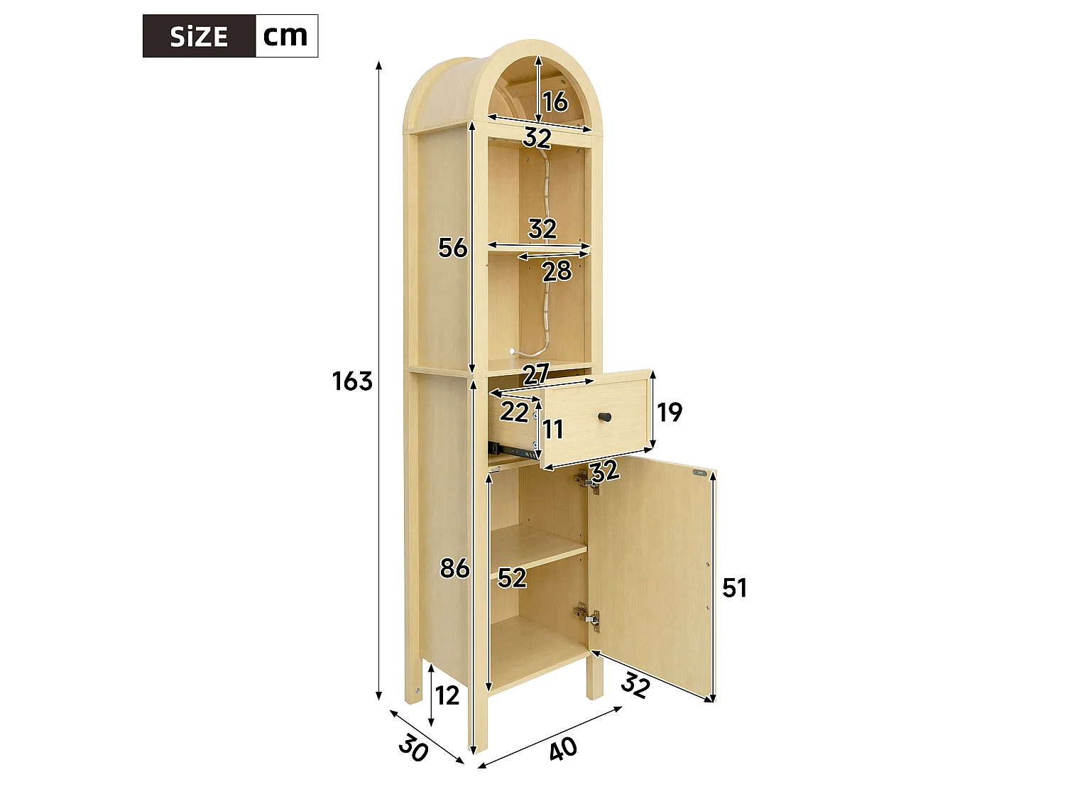 Columna de baño de 163 cm de altura - Armario alto con arco LED, puertas ranuradas reversibles y cajón - Natural