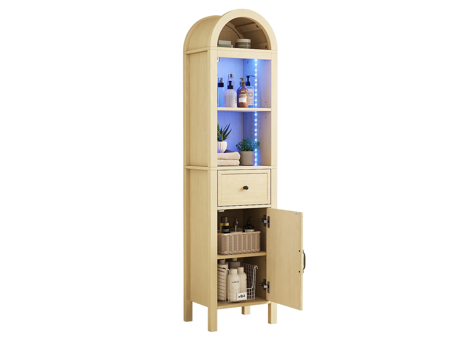 Columna de baño de 163 cm de altura - Armario alto con arco LED, puertas ranuradas reversibles y cajón - Natural