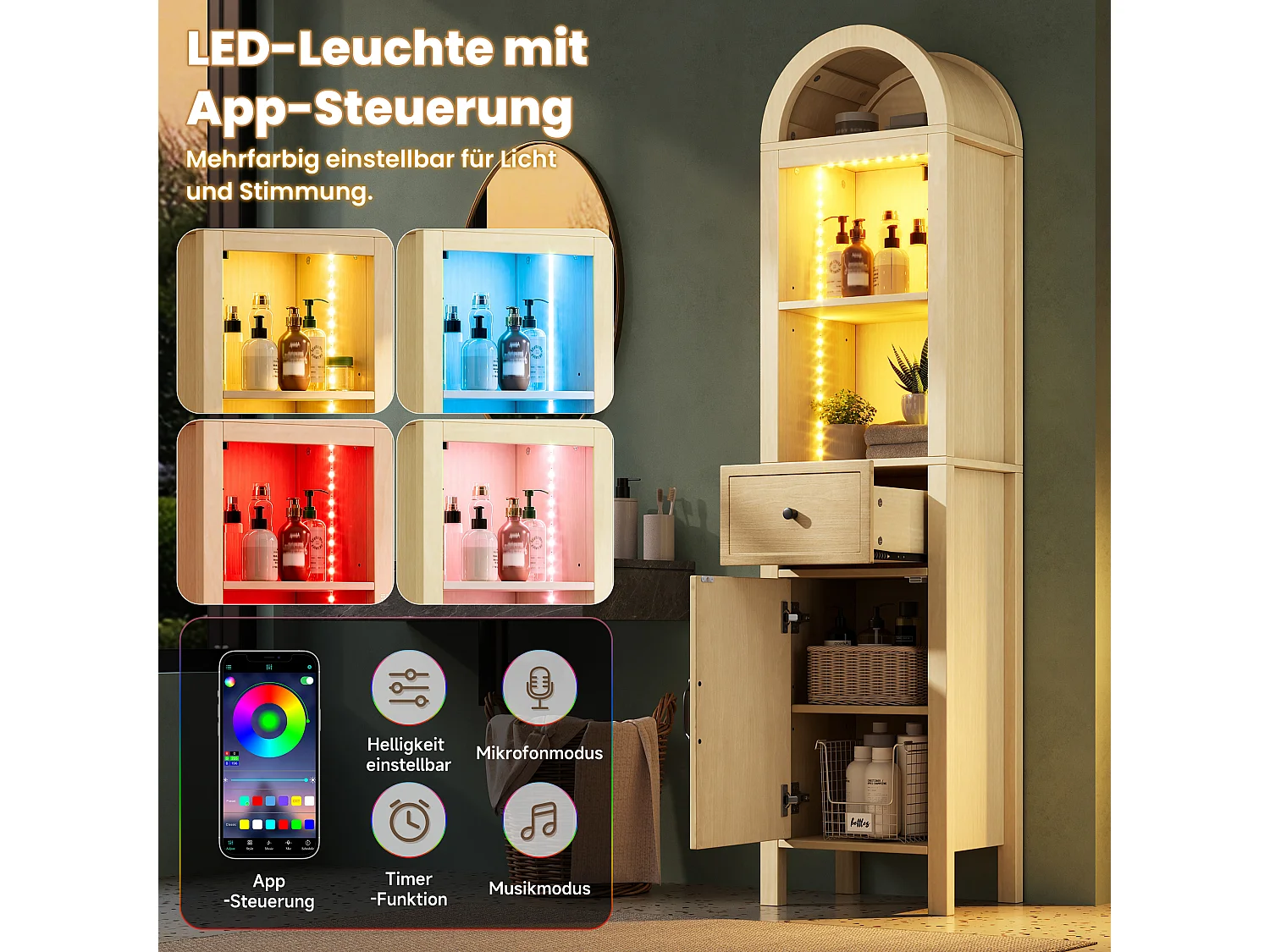 Columna de baño de 163 cm de altura - Armario alto con arco LED, puertas ranuradas reversibles y cajón - Natural