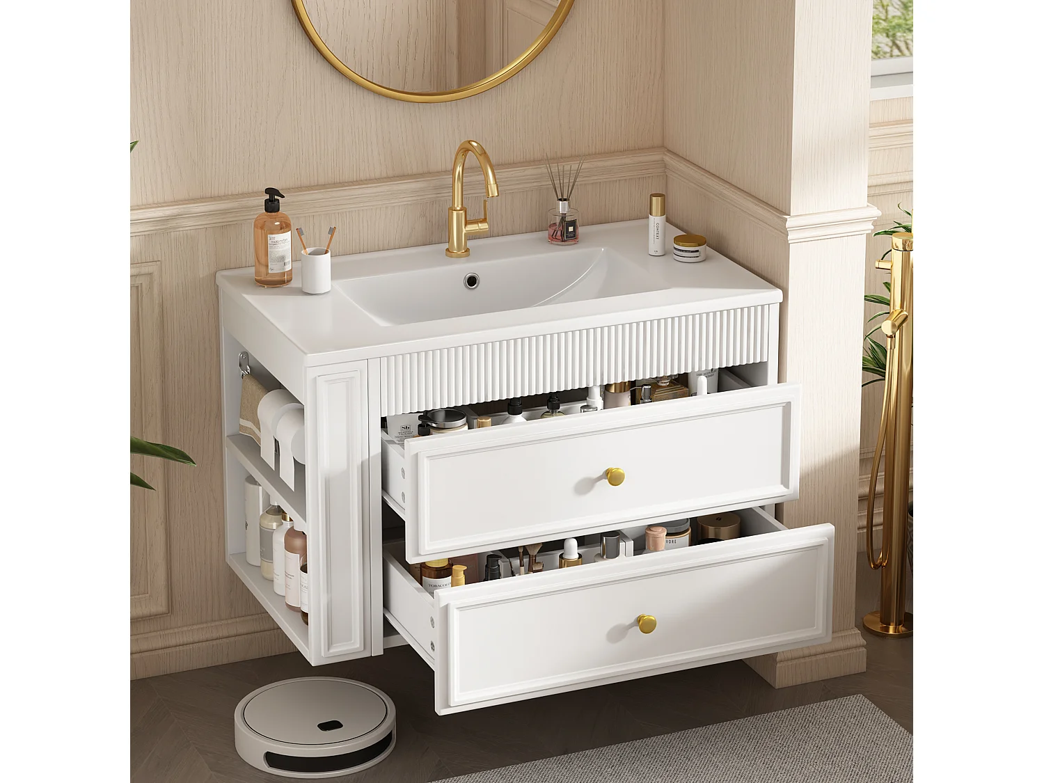 Meuble Sous-Vasque Suspendu 81cm - Meuble de Salle de Bain avec Vasque en Céramique, 2 Tiroirs, Étagère Latérale & Porte-Papier - Blanc
