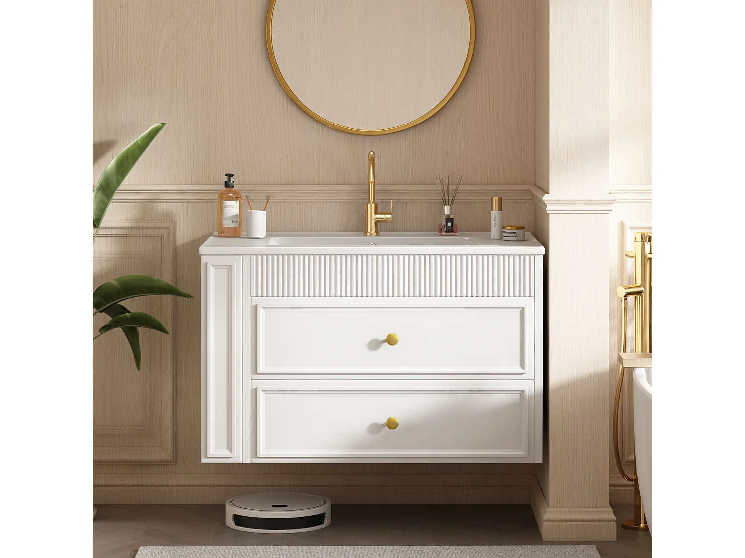 Meuble Sous-Vasque Suspendu 81cm - Meuble de Salle de Bain avec Vasque en Céramique, 2 Tiroirs, Étagère Latérale & Porte-Papier - Blanc
