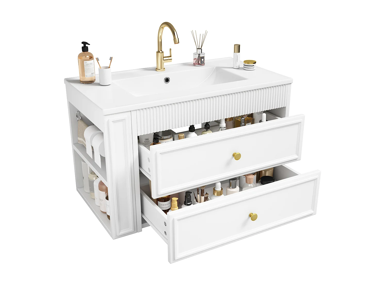 Meuble Sous-Vasque Suspendu 81cm - Meuble de Salle de Bain avec Vasque en Céramique, 2 Tiroirs, Étagère Latérale & Porte-Papier - Blanc