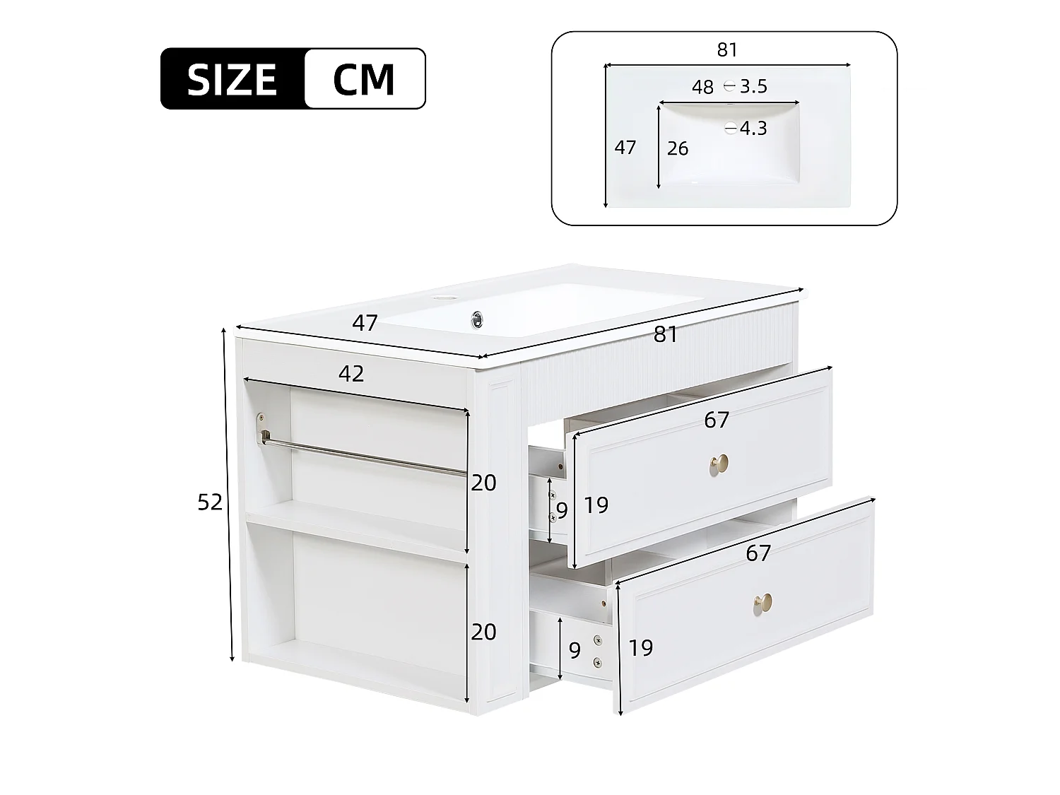 Meuble Sous-Vasque Suspendu 81cm - Meuble de Salle de Bain avec Vasque en Céramique, 2 Tiroirs, Étagère Latérale & Porte-Papier - Blanc