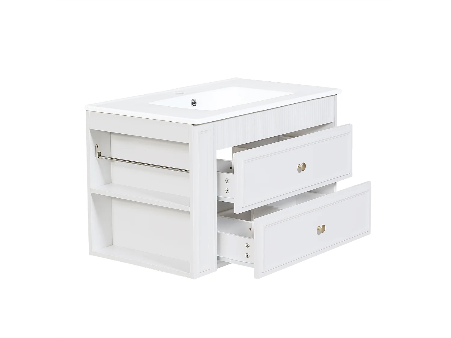 Meuble Sous-Vasque Suspendu 81cm - Meuble de Salle de Bain avec Vasque en Céramique, 2 Tiroirs, Étagère Latérale & Porte-Papier - Blanc