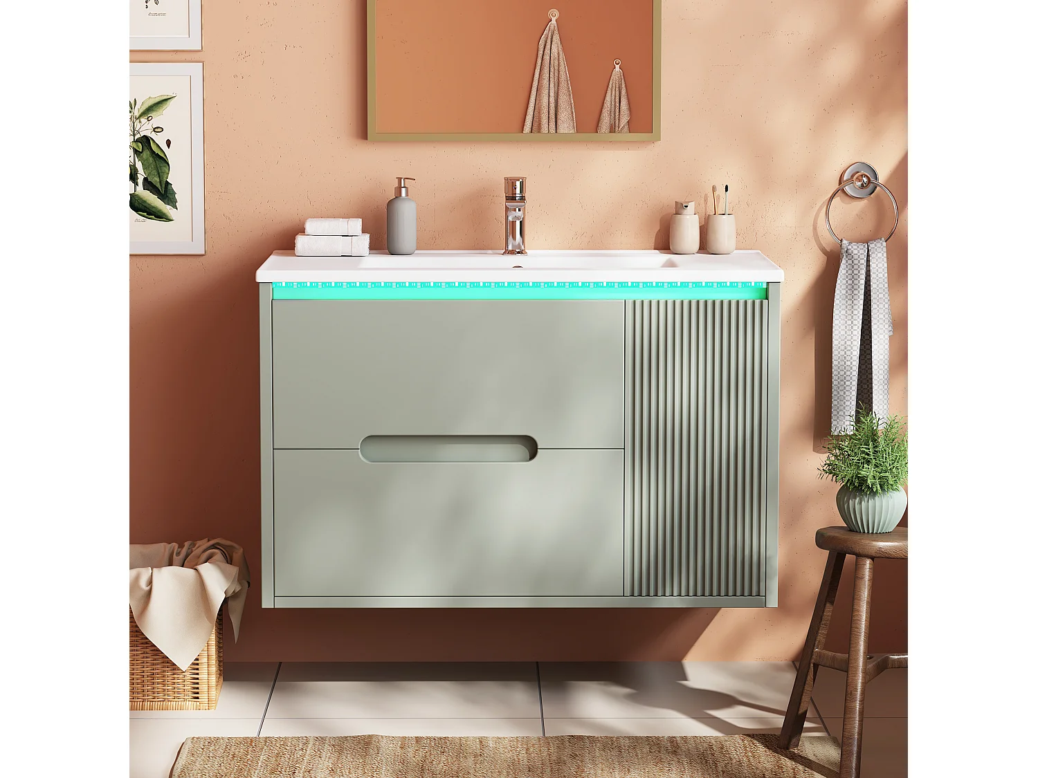 Hängender Waschtischunterschrank 81 cm - Badmöbel mit Keramikwaschbecken - Gewellte Fronten - LED-Beleuchtung per App & Schubladen - Grün