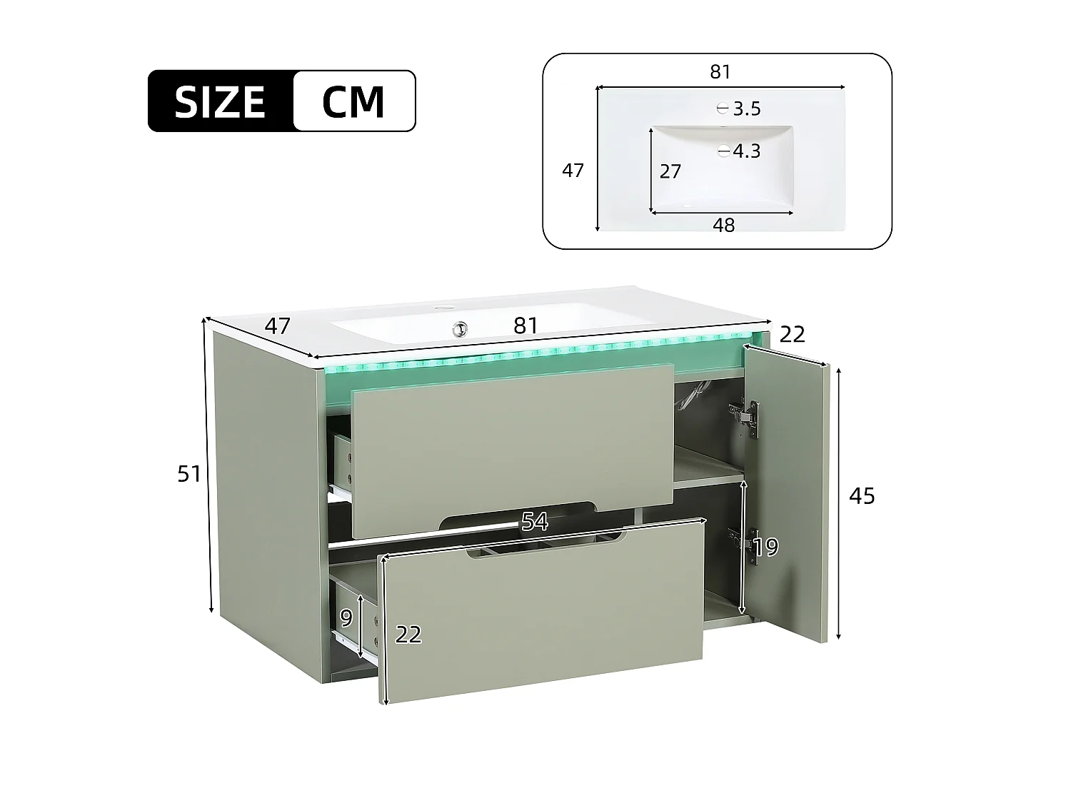 Hängender Waschtischunterschrank 81 cm - Badmöbel mit Keramikwaschbecken - Gewellte Fronten - LED-Beleuchtung per App & Schubladen - Grün