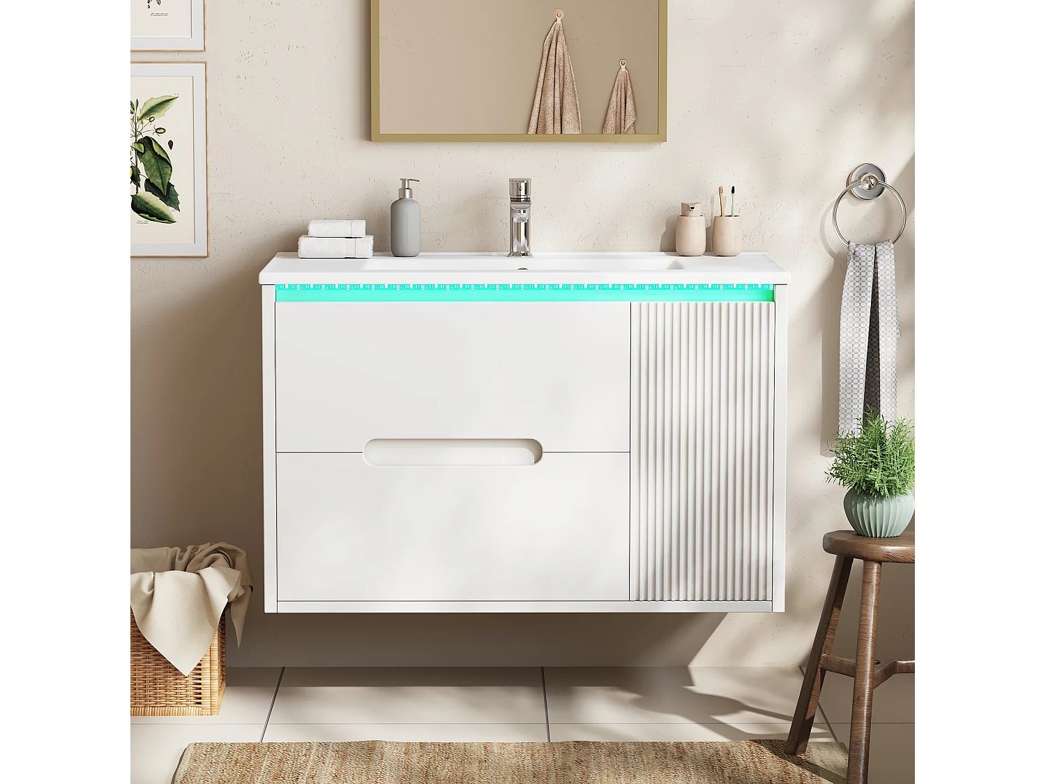 Hängender Waschtischunterschrank 81 cm - Badmöbel mit Keramikwaschbecken - Gewellte Fronten - LED-Beleuchtung per App & Schubladen - Weiß