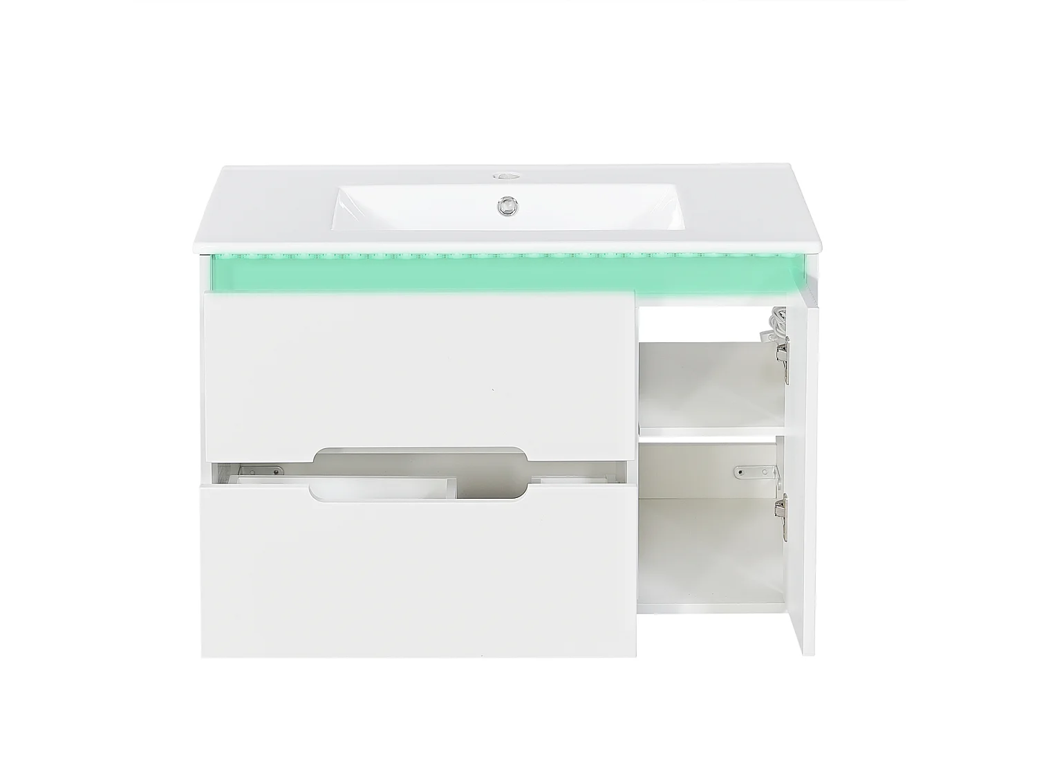 Hängender Waschtischunterschrank 81 cm - Badmöbel mit Keramikwaschbecken - Gewellte Fronten - LED-Beleuchtung per App & Schubladen - Weiß