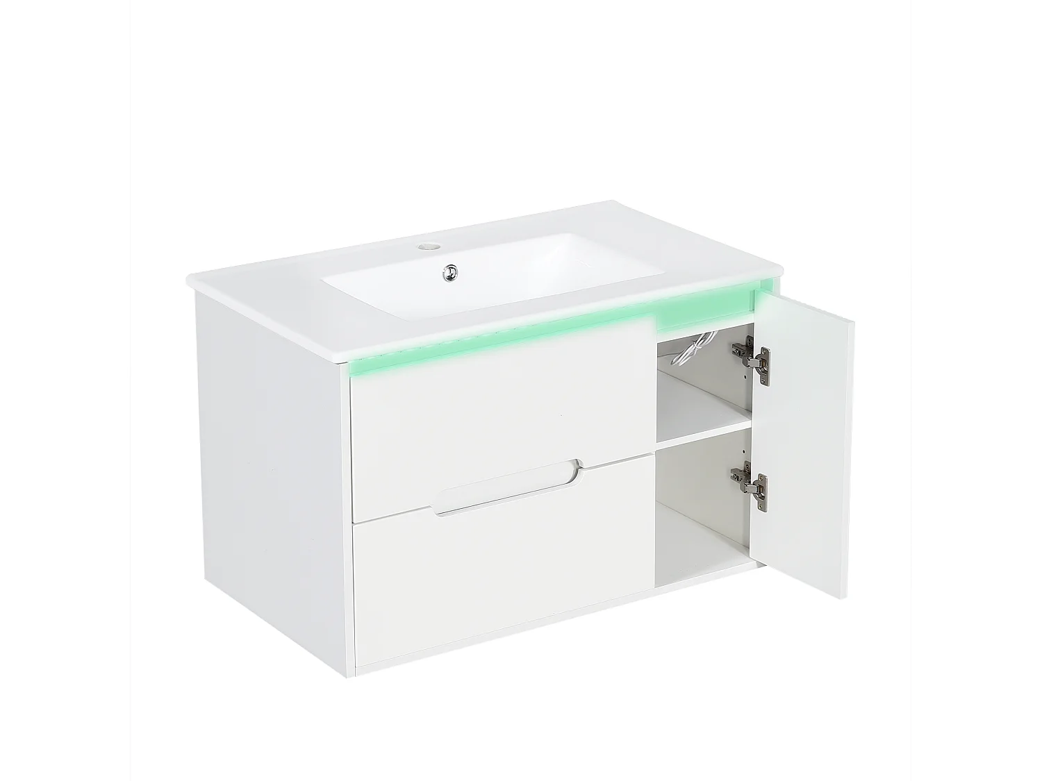 Hängender Waschtischunterschrank 81 cm - Badmöbel mit Keramikwaschbecken - Gewellte Fronten - LED-Beleuchtung per App & Schubladen - Weiß