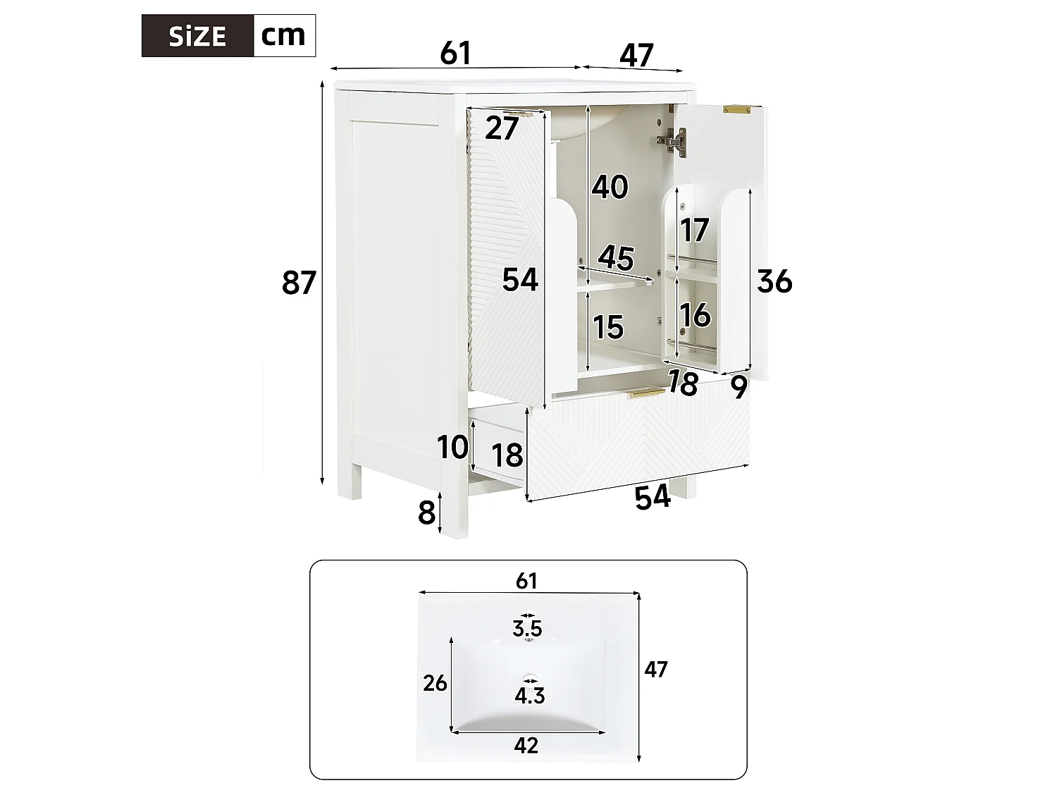 Wastafelonderkast op poten 61 cm - Badkamermeubel met keramische wastafel - Fronten met diagonale groeven & lade - Wit