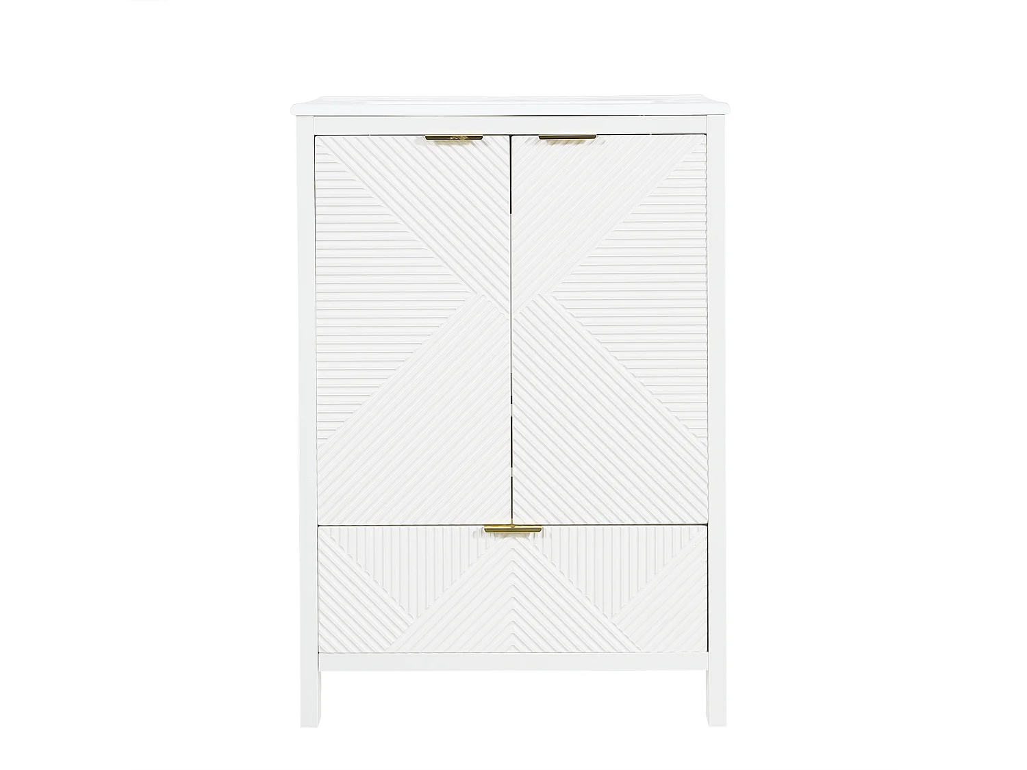 Wastafelonderkast op poten 61 cm - Badkamermeubel met keramische wastafel - Fronten met diagonale groeven & lade - Wit