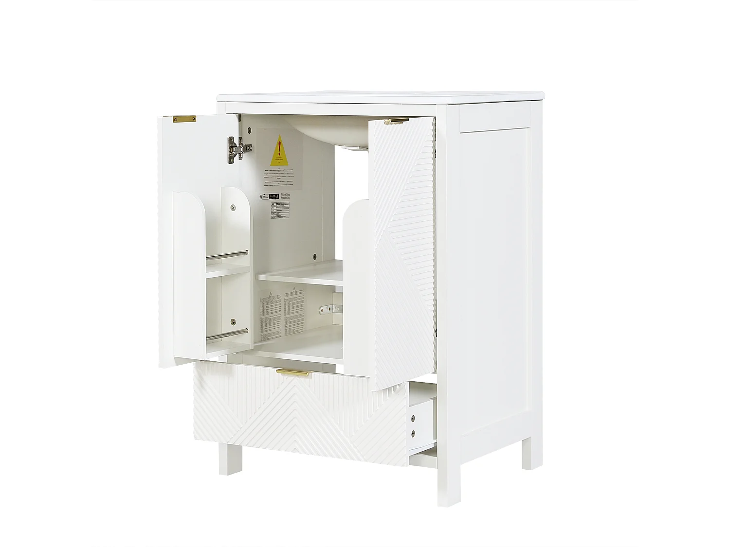 Wastafelonderkast op poten 61 cm - Badkamermeubel met keramische wastafel - Fronten met diagonale groeven & lade - Wit