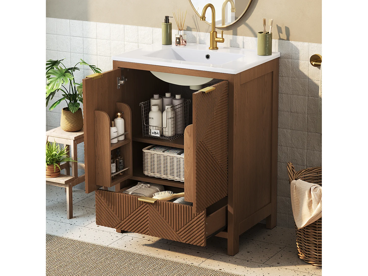 Meuble Sous-Vasque sur Pied 61cm - Meuble de Salle de Bain avec Vasque en Céramique, Façades Rainurées Diagonales & Tiroir - Noyer