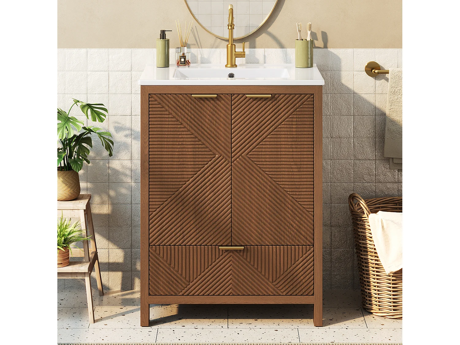 Meuble Sous-Vasque sur Pied 61cm - Meuble de Salle de Bain avec Vasque en Céramique, Façades Rainurées Diagonales & Tiroir - Noyer