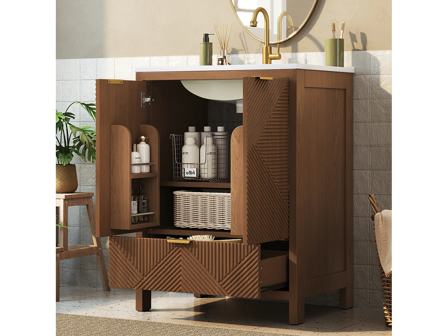 Meuble Sous-Vasque sur Pied 61cm - Meuble de Salle de Bain avec Vasque en Céramique, Façades Rainurées Diagonales & Tiroir - Noyer