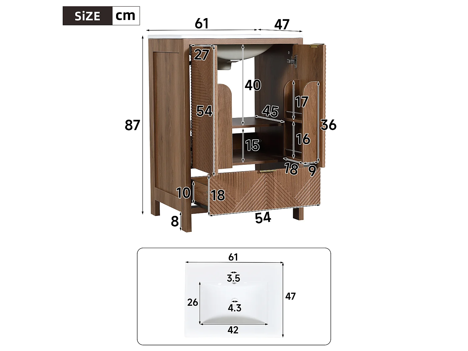 Meuble Sous-Vasque sur Pied 61cm - Meuble de Salle de Bain avec Vasque en Céramique, Façades Rainurées Diagonales & Tiroir - Noyer
