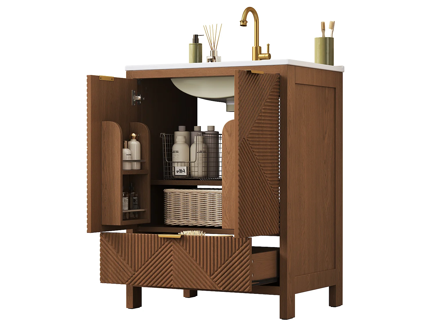 Meuble Sous-Vasque sur Pied 61cm - Meuble de Salle de Bain avec Vasque en Céramique, Façades Rainurées Diagonales & Tiroir - Noyer