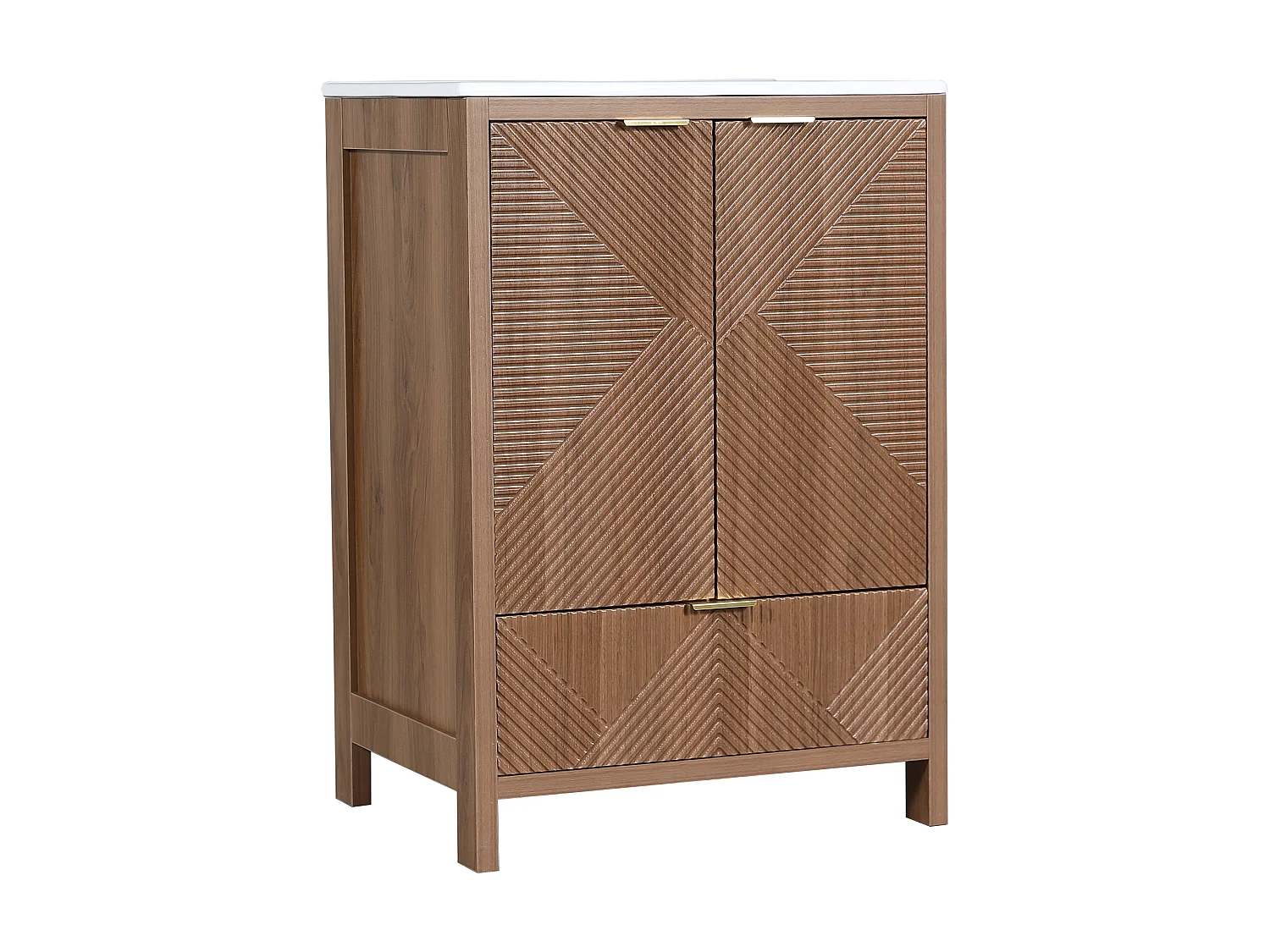 Meuble Sous-Vasque sur Pied 61cm - Meuble de Salle de Bain avec Vasque en Céramique, Façades Rainurées Diagonales & Tiroir - Noyer