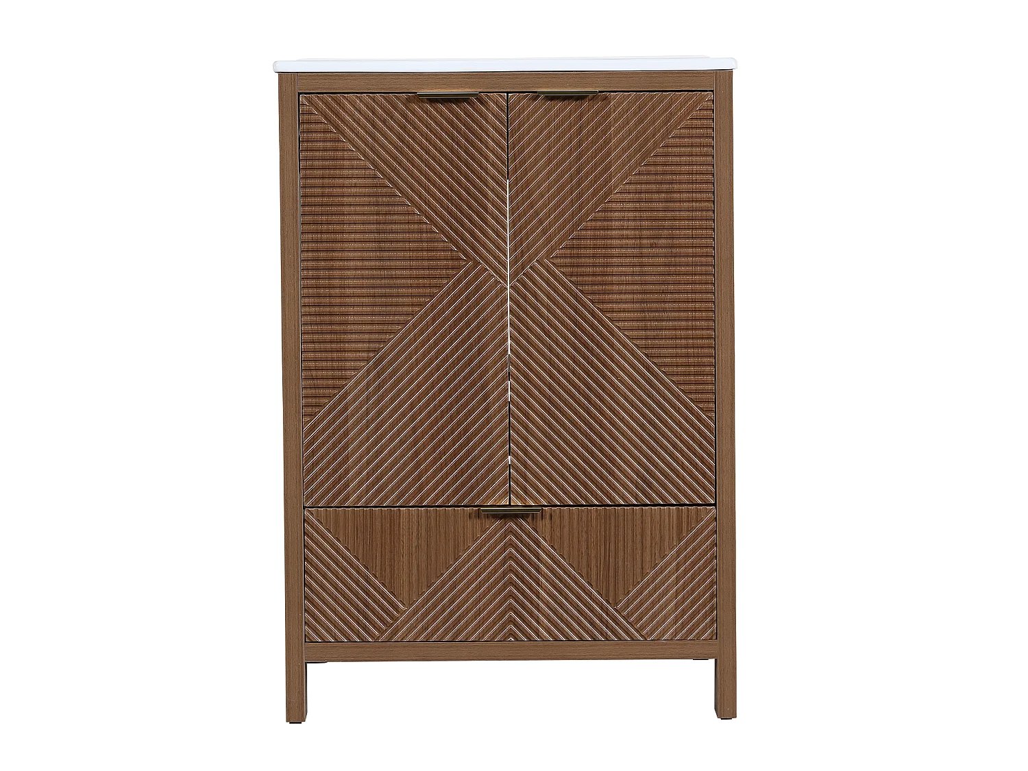 Meuble Sous-Vasque sur Pied 61cm - Meuble de Salle de Bain avec Vasque en Céramique, Façades Rainurées Diagonales & Tiroir - Noyer