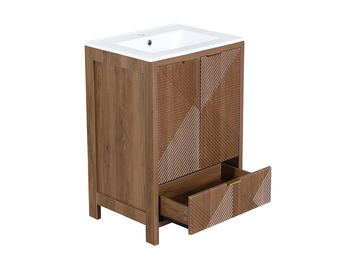 Meuble Sous-Vasque sur Pied 61cm - Meuble de Salle de Bain avec Vasque en Céramique, Façades Rainurées Diagonales & Tiroir - Noyer