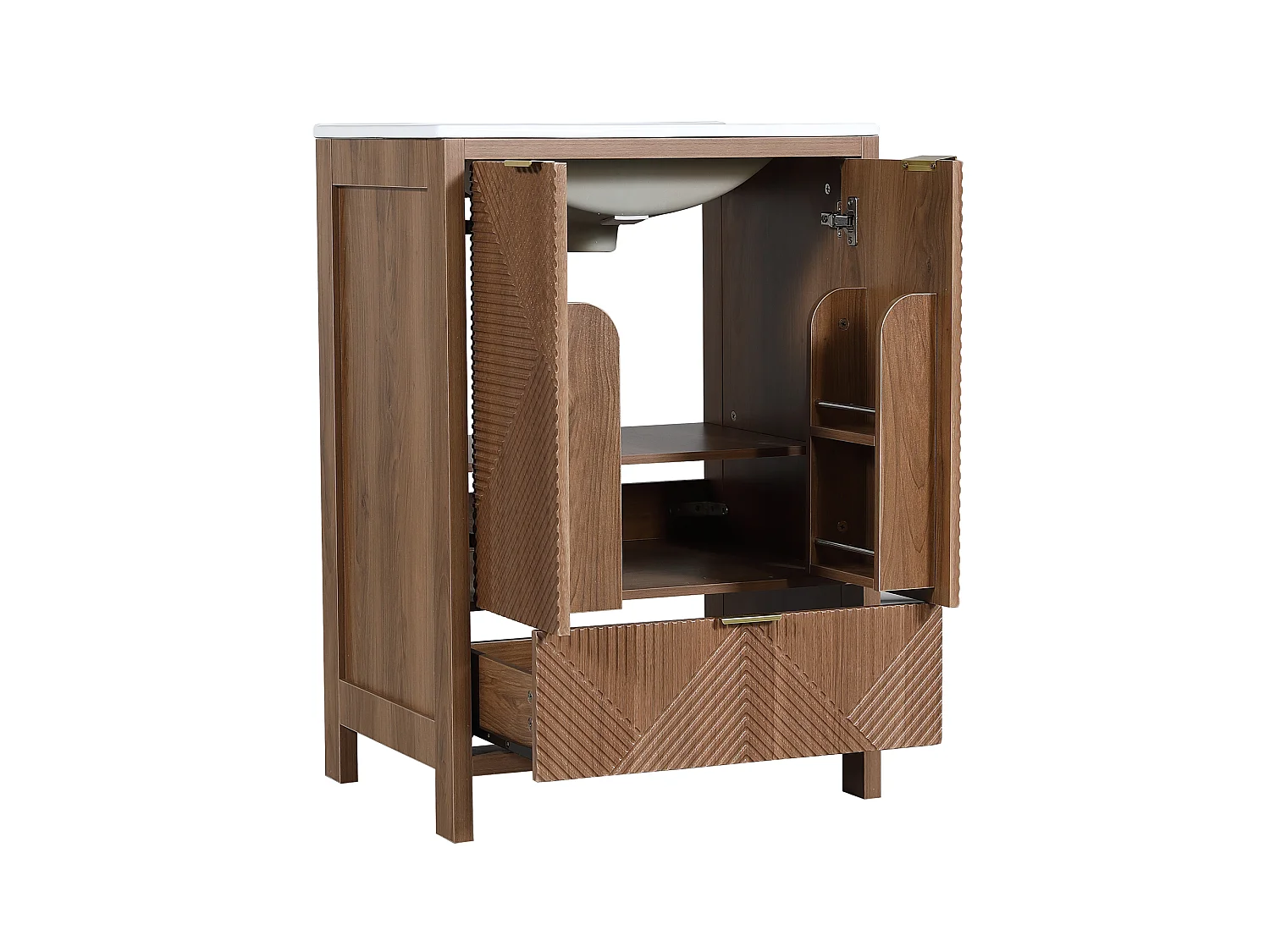 Meuble Sous-Vasque sur Pied 61cm - Meuble de Salle de Bain avec Vasque en Céramique, Façades Rainurées Diagonales & Tiroir - Noyer