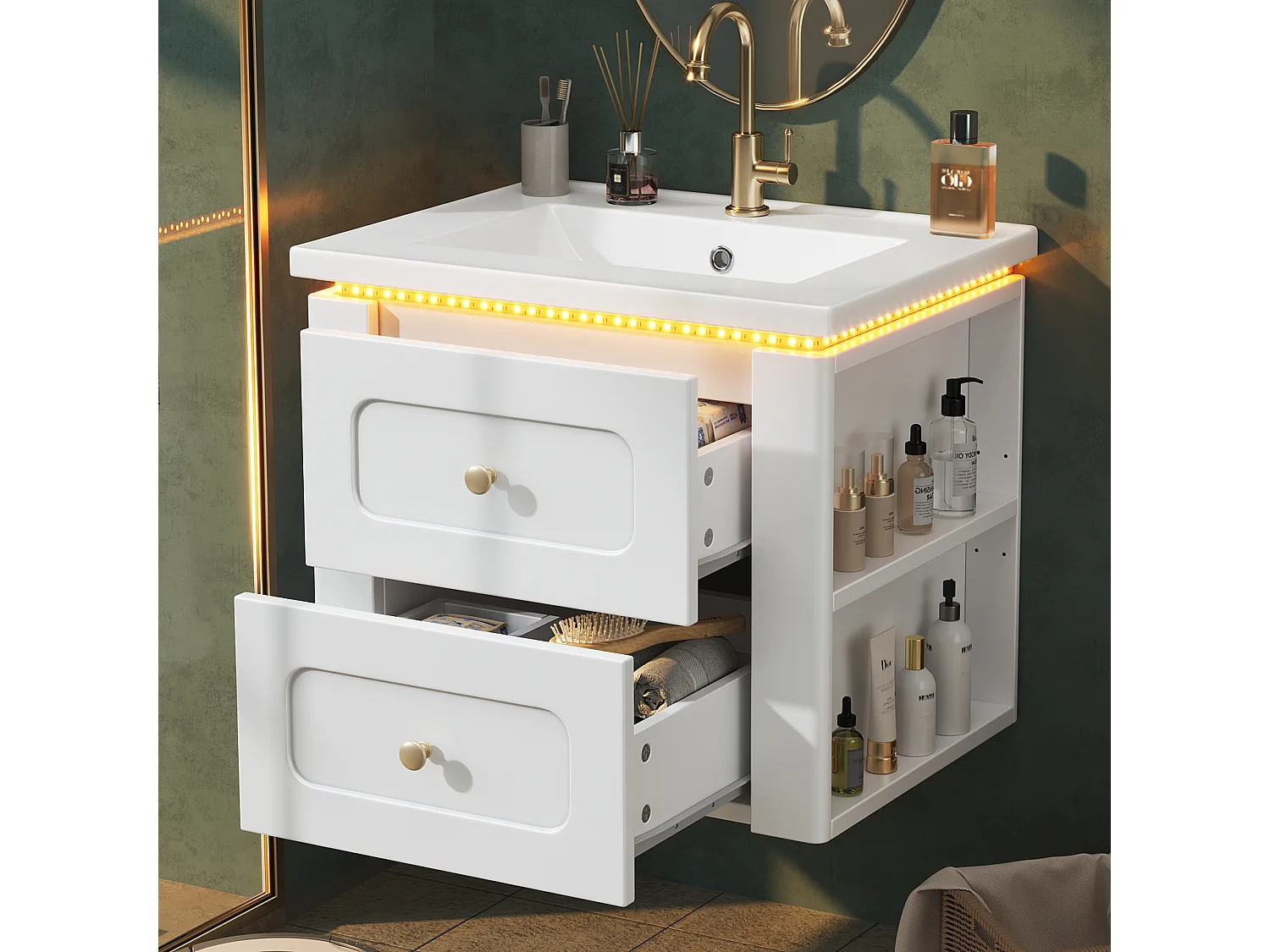 Hängender Waschtischunterschrank 61 cm - Badmöbel mit Keramikwaschbecken - LED-Beleuchtung per App & 2 Schubladen - Moderner Stil - Weiß