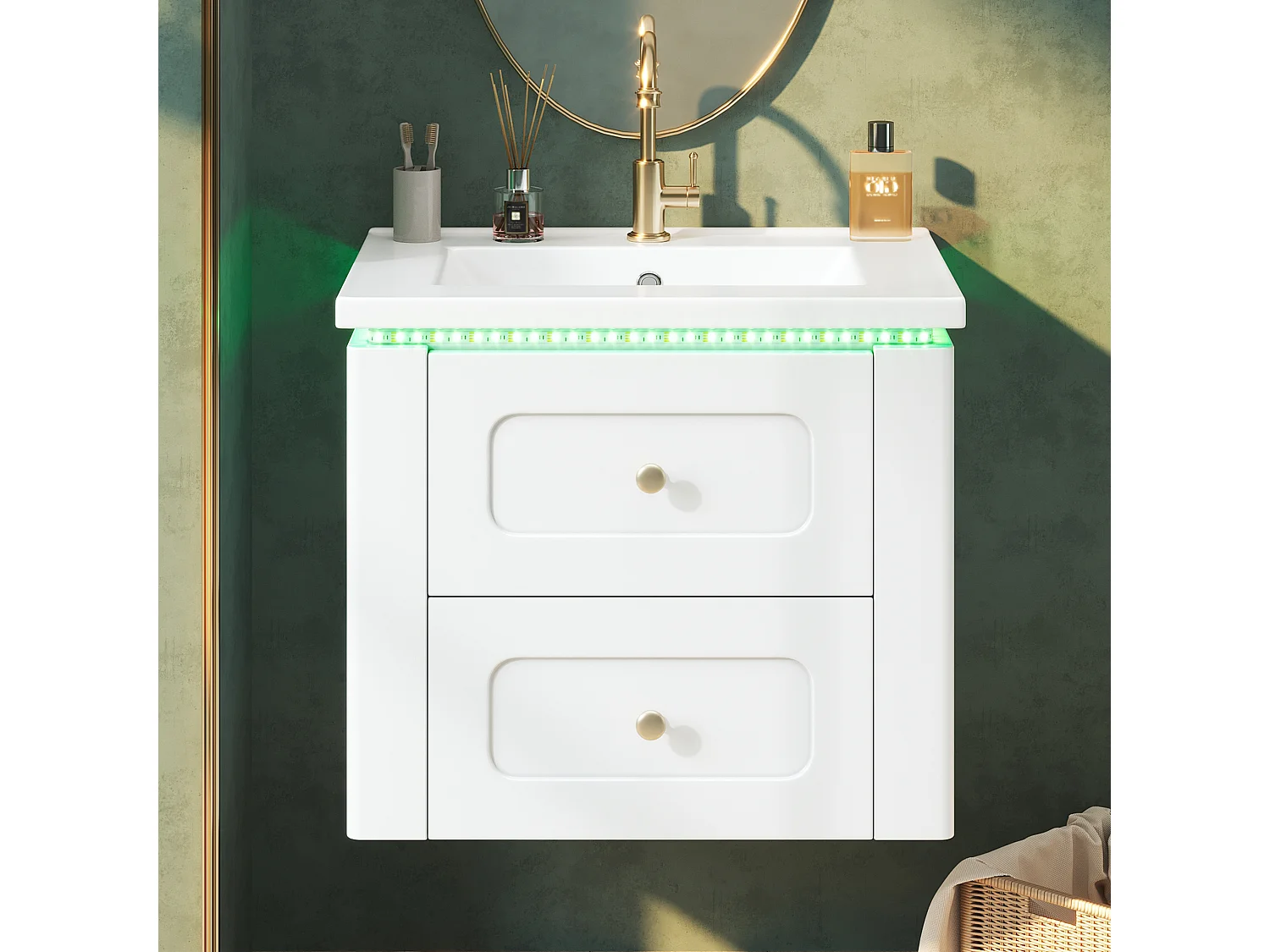 Hängender Waschtischunterschrank 61 cm - Badmöbel mit Keramikwaschbecken - LED-Beleuchtung per App & 2 Schubladen - Moderner Stil - Weiß