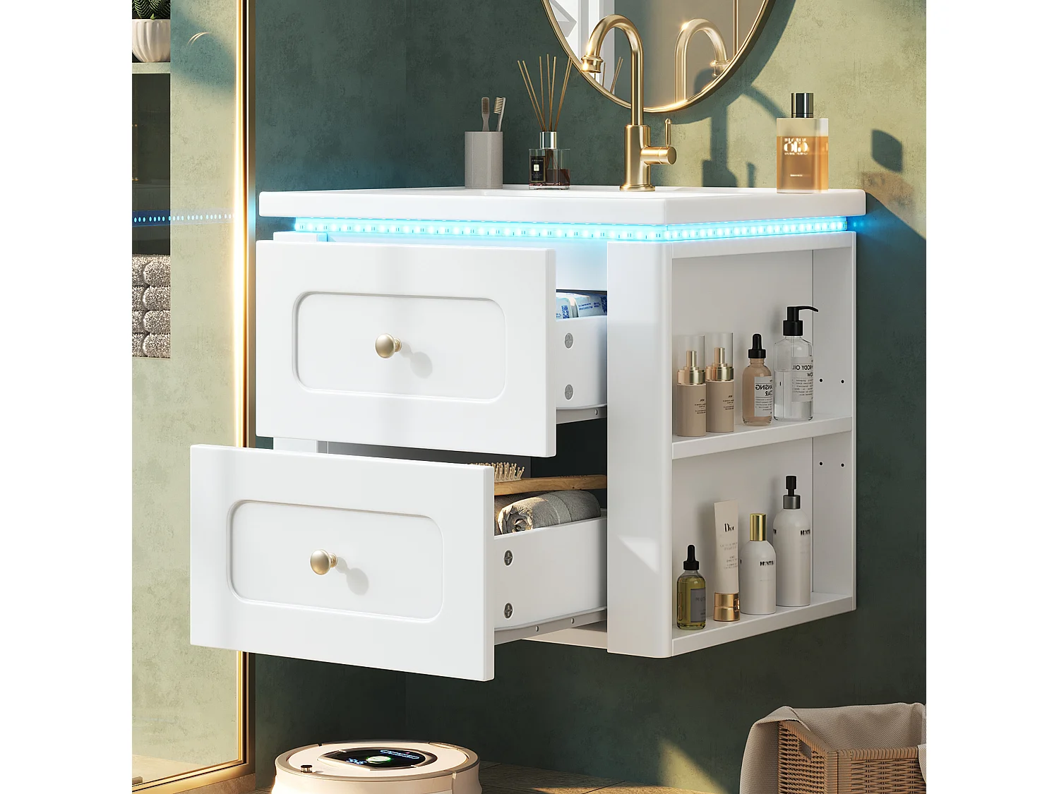 Hängender Waschtischunterschrank 61 cm - Badmöbel mit Keramikwaschbecken - LED-Beleuchtung per App & 2 Schubladen - Moderner Stil - Weiß